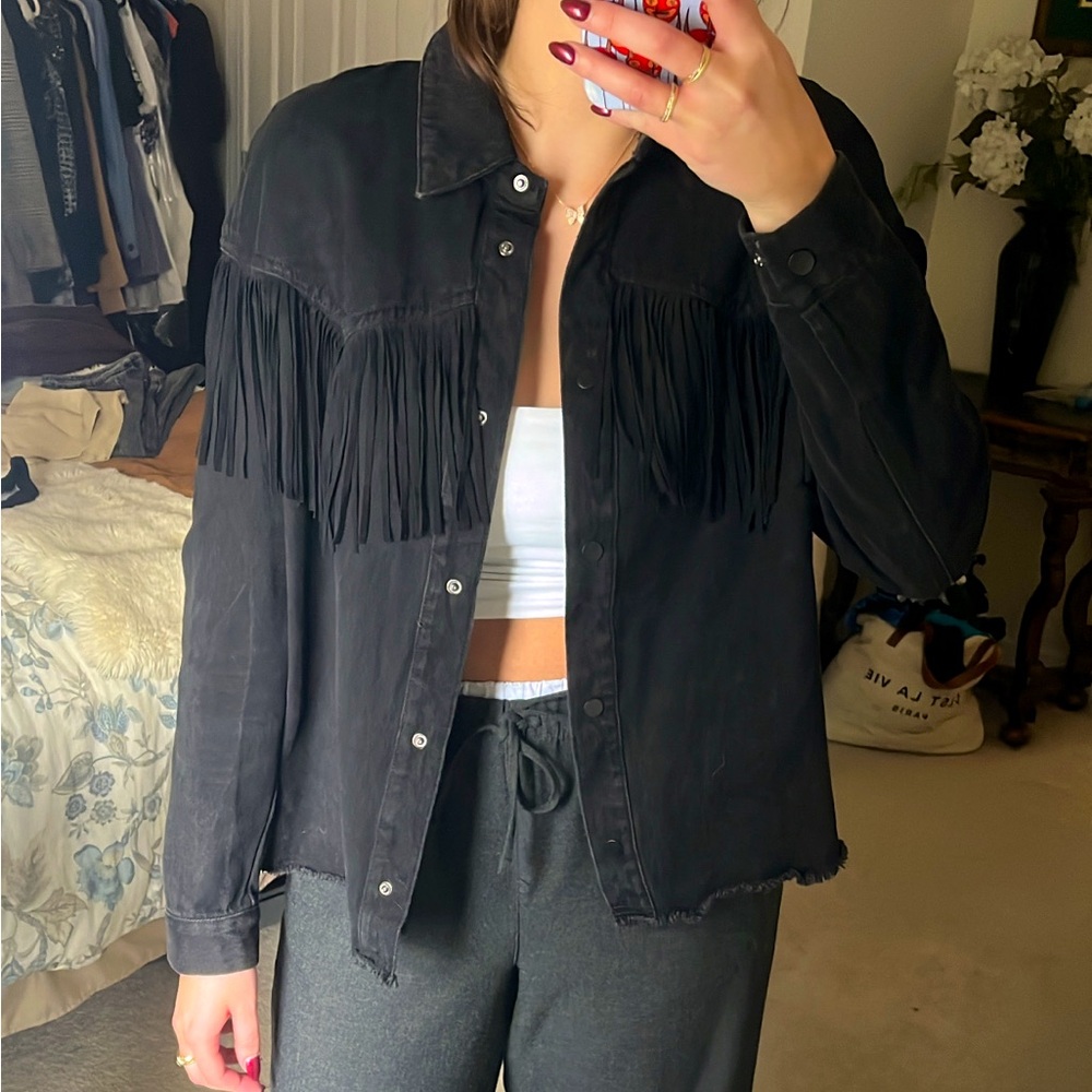 Zara denim fringe jacket
